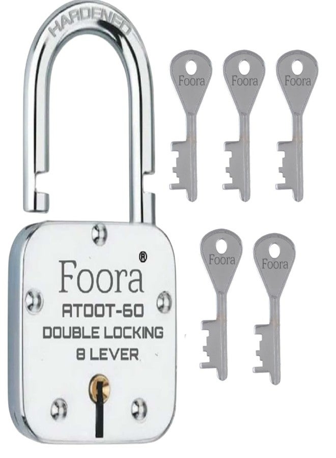 Foora ATOOT-60 Double Locking Padlock, 8 Lever Security, Hardened Shackle, 60mm, 5 Keys, Silver - Image 1